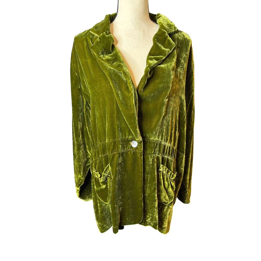 Ulla Popken Olive Green Silk Velvet Relaxed Fit Blazer Jacket Plus Size 24/26